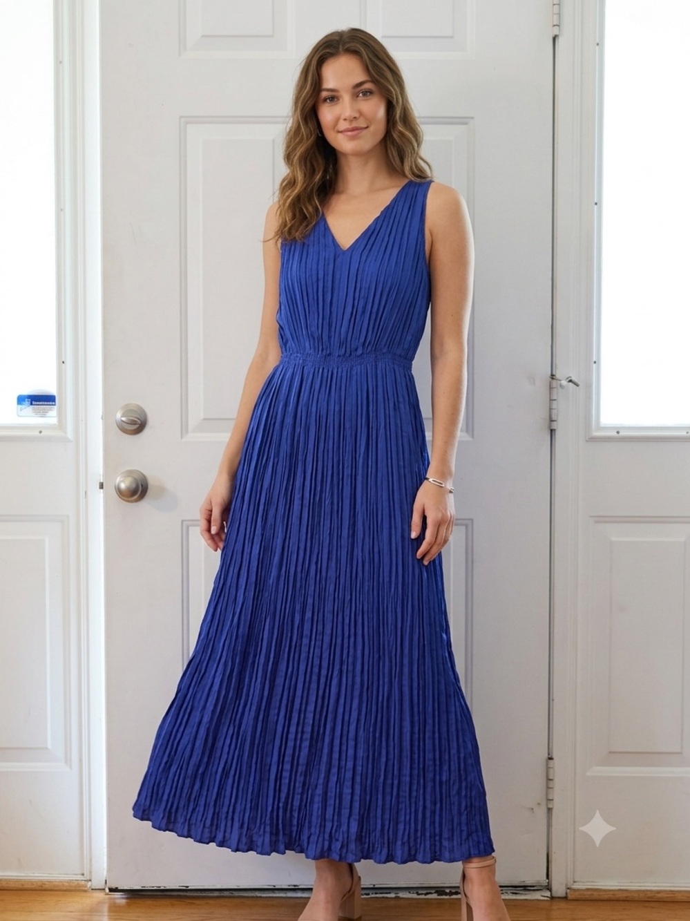 Banana Republic Pleated V-Neck Maxi Dress in Royal Blue